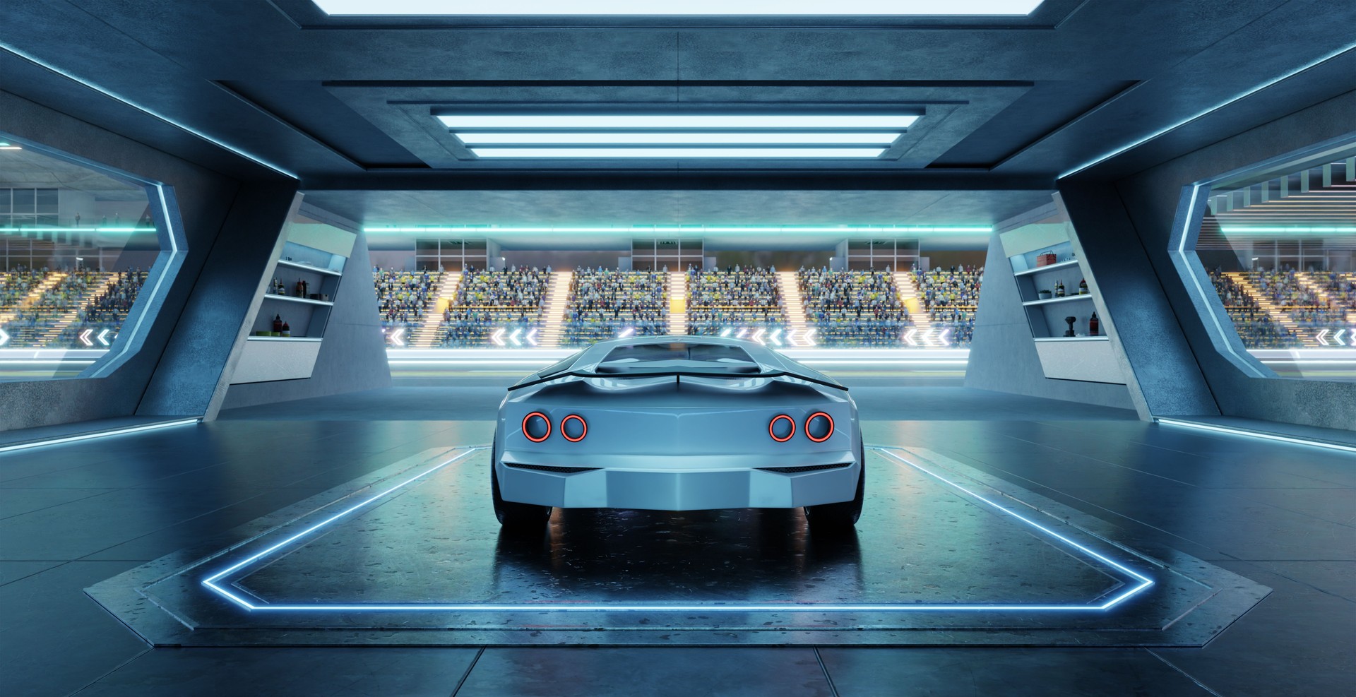 3D rendering Futuristic sports car parked in high-tech garage overlooking race track