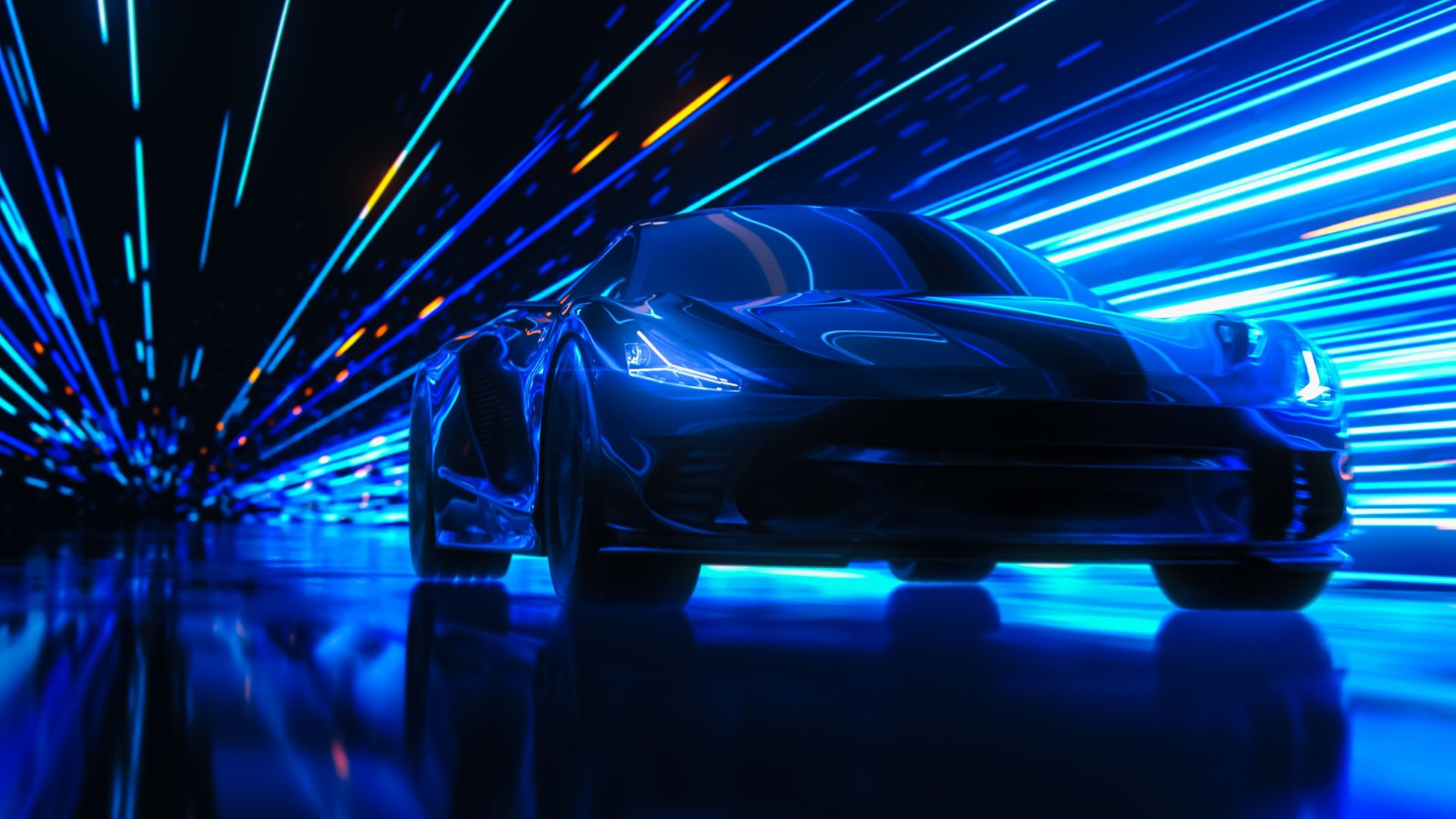 3D Car Model: Sports Car Driving at on a Road on High Speed, Racing Through the Colorful Dark Tunnel With Lights Reflecting Everywhere. Dark Supercar Driving Fast on Highway. VFX on Image.